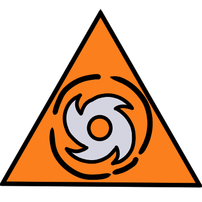 a silver shape very similar to the meterological symbol for a category 2 cyclone, with a circle around it broken into four pieces. it's in an orange triangle